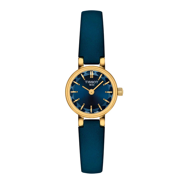 Tissot Lovely Round 19,5 mm dameur med guldfarvet urkasse, blå urskive og blå læderrem