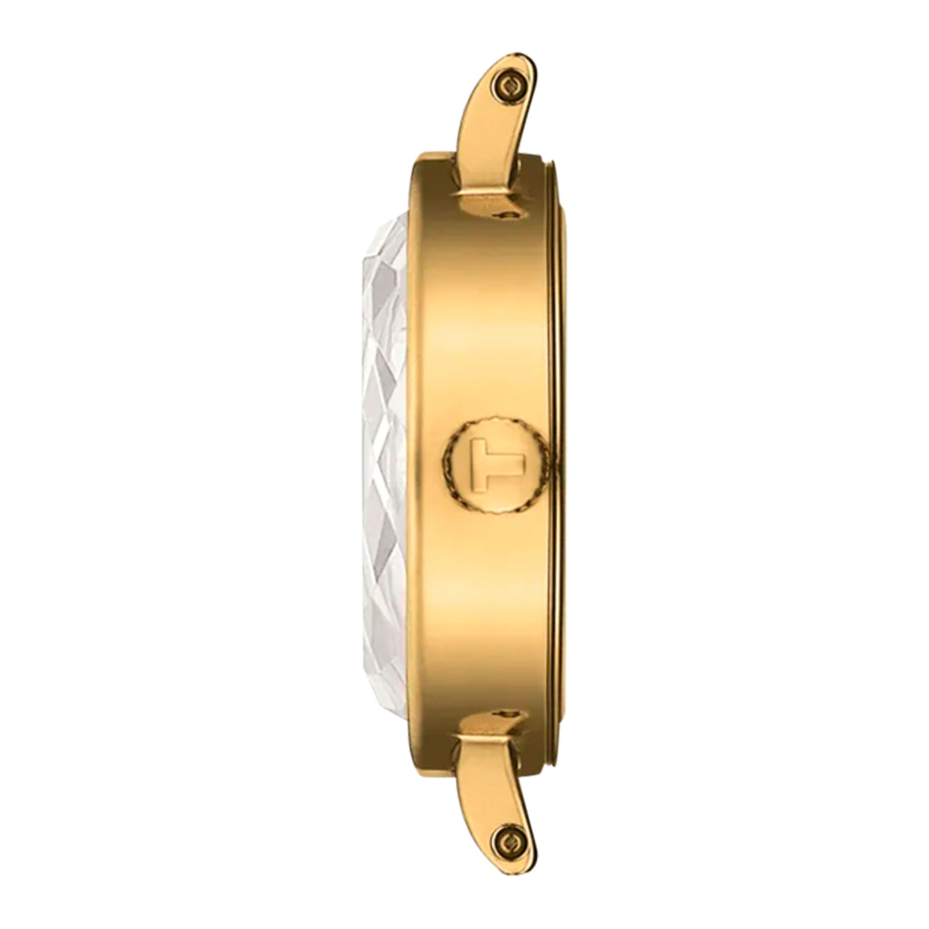 Sideprofil af Tissot Lovely Round 19,5 mm dameur med guldfarvet urkasse