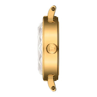 Sideprofil af Tissot Lovely Round 19,5 mm dameur med guldfarvet urkasse