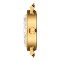 Sideprofil af Tissot Lovely Round 19,5 mm dameur med guldfarvet PVD-belagt urkasse og safirglas.