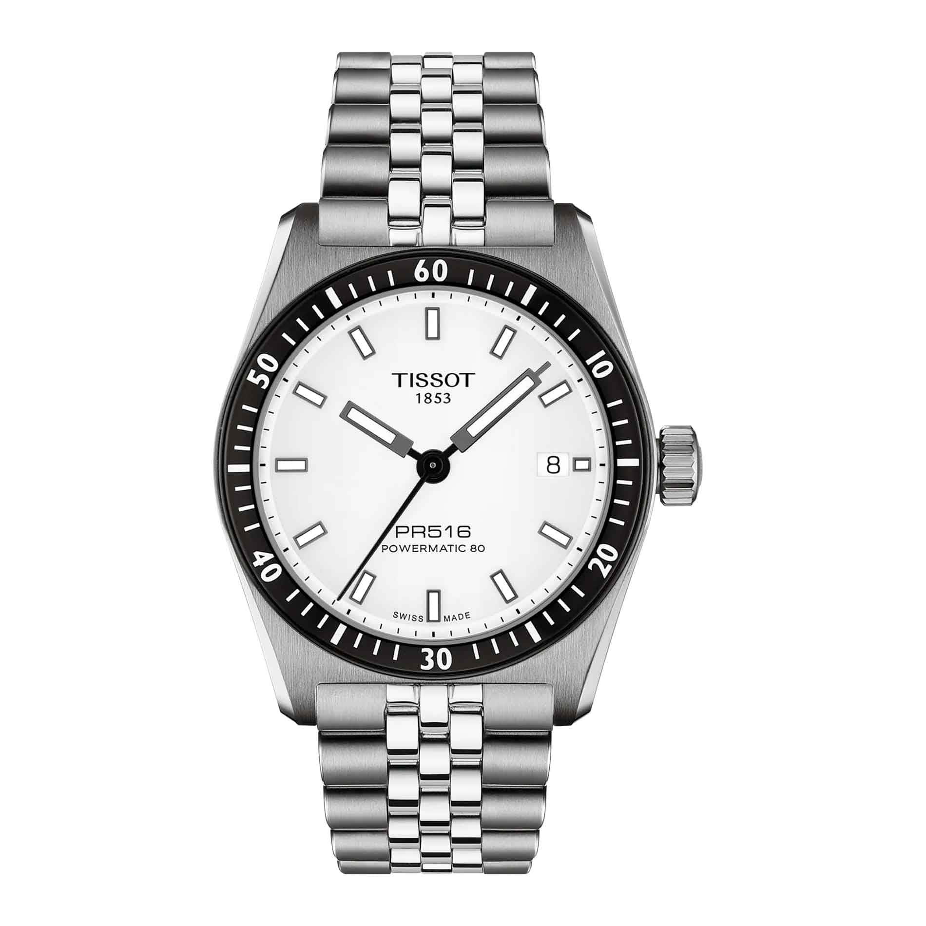 Tissot PR516 38 mm automatisk herreur med hvid urskive og stållænke