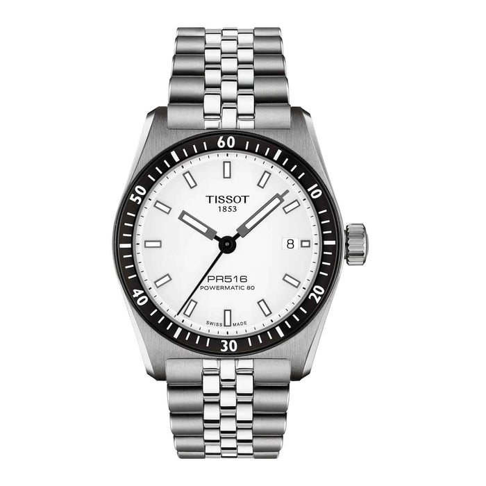 Tissot PR516 38 mm automatisk herreur med hvid urskive og stållænke