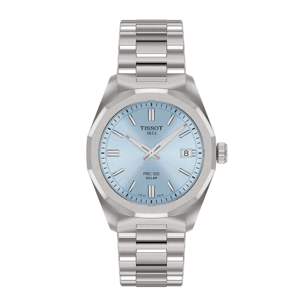 Tissot PRC 100 Solar 34 mm dameur i rustfrit stål med lyseblå urskive og stållænke