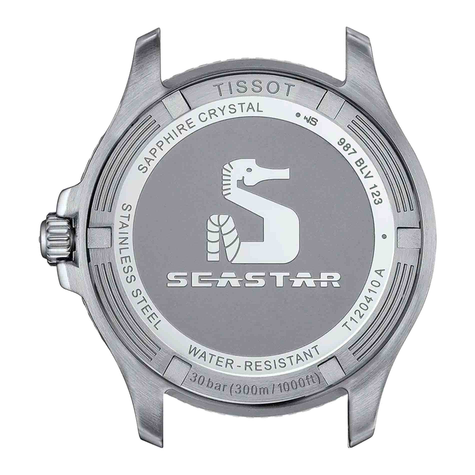 Bagsiden af Tissot Seastar 1000 40 mm herreur i rustfrit stål