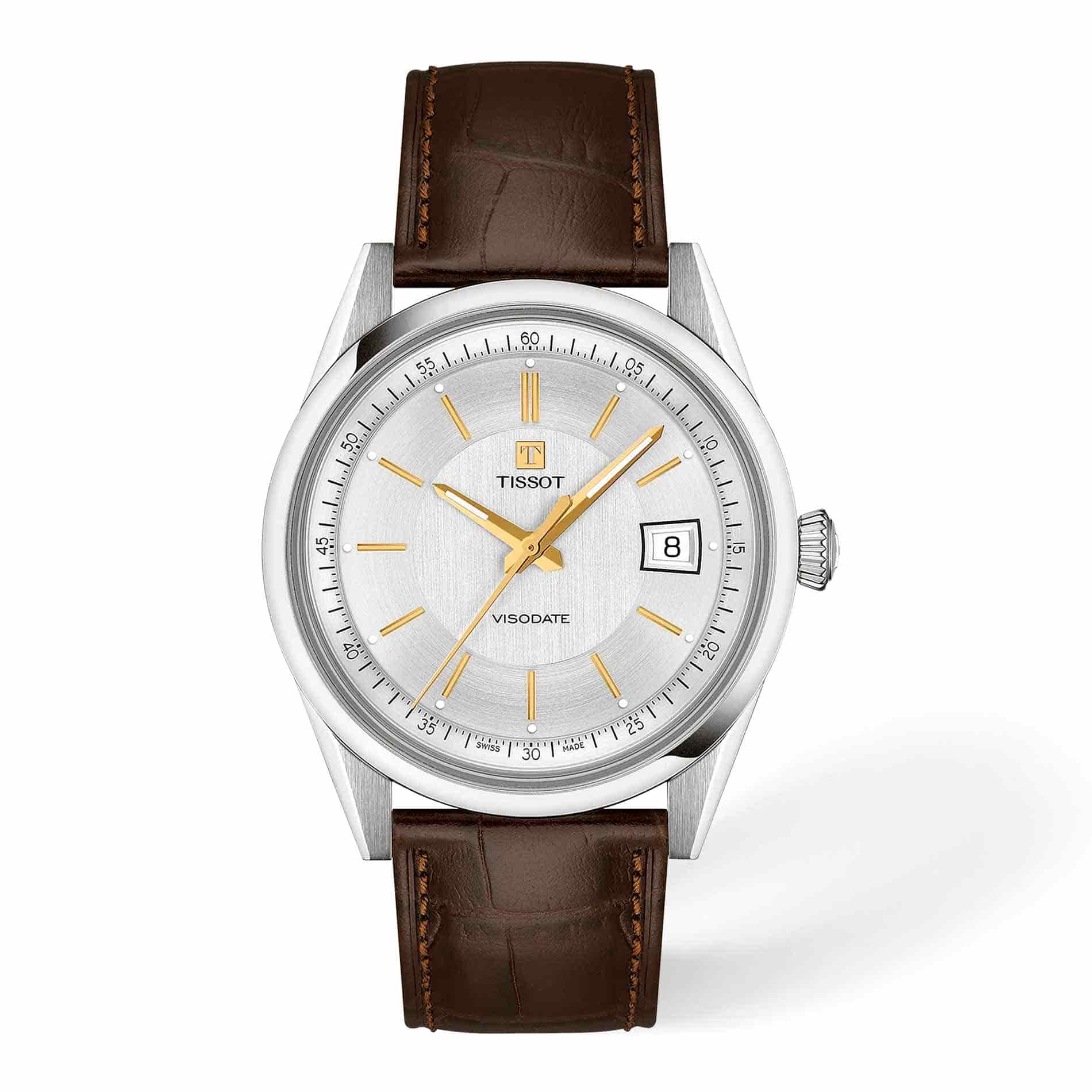 Tissot Visodate 39 mm automatisk herreur med sølvfarvet skive og brun læderrem
