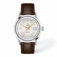 Tissot Visodate 39 mm automatisk herreur med sølvfarvet skive og brun læderrem