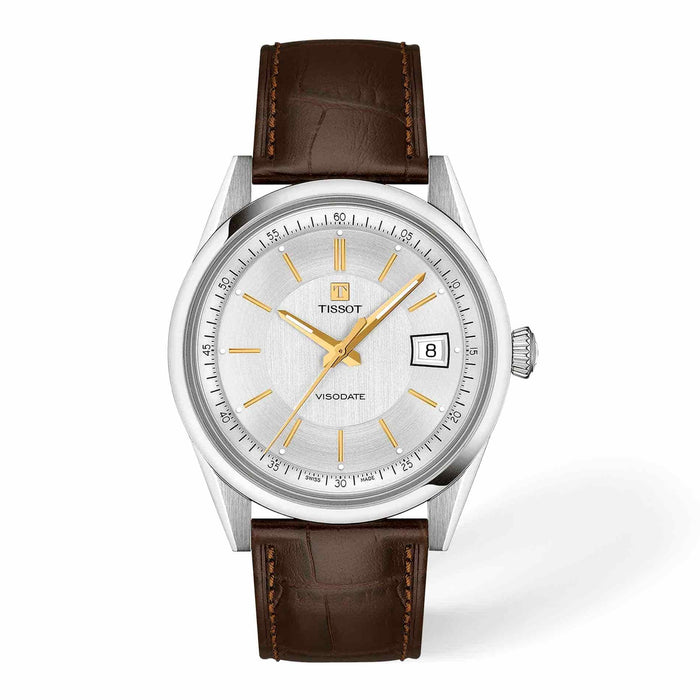 Tissot Visodate 39 mm automatisk herreur med sølvfarvet skive og brun læderrem