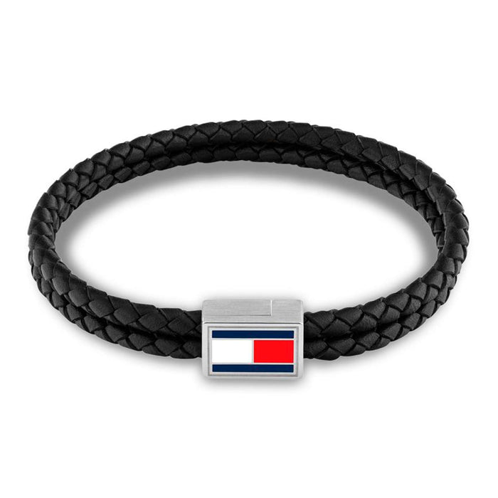 Tommy Hilfiger 3D Flag Leather armbånd i sort flettet læder med sølvfarvet flagdetalje