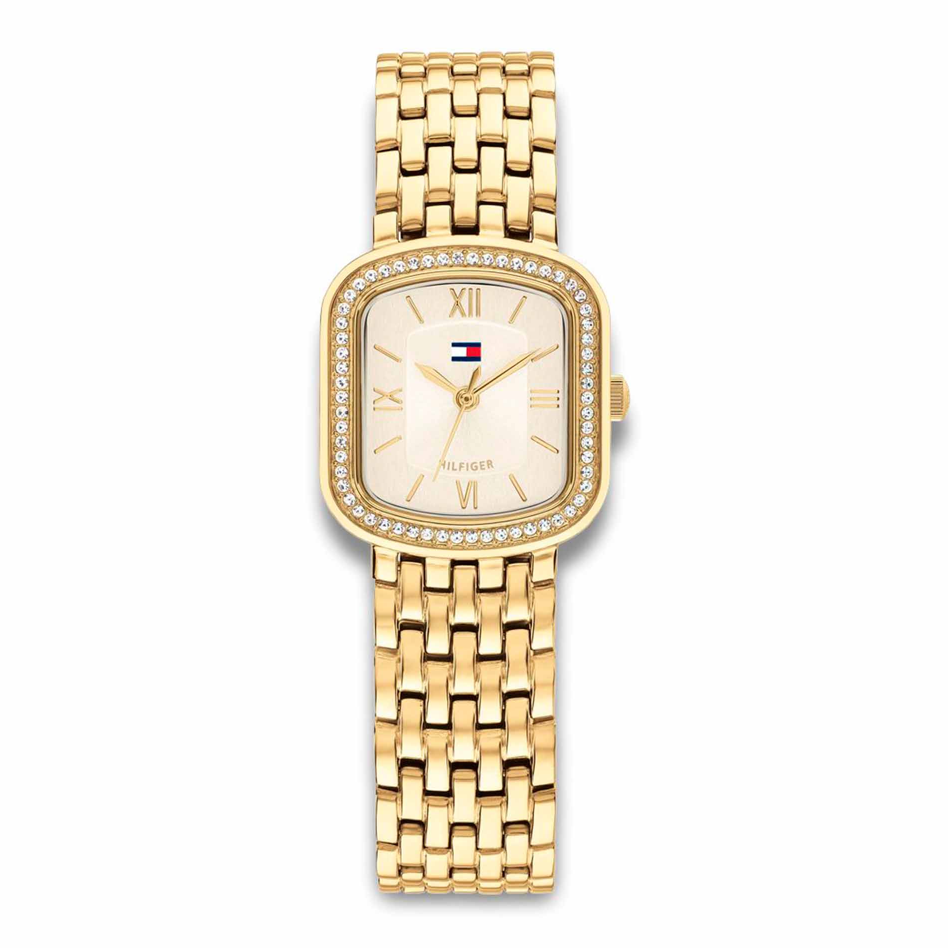 Tommy Hilfiger Abby 24 mm dameur i guld med champagnefarvet urskive og krystaller