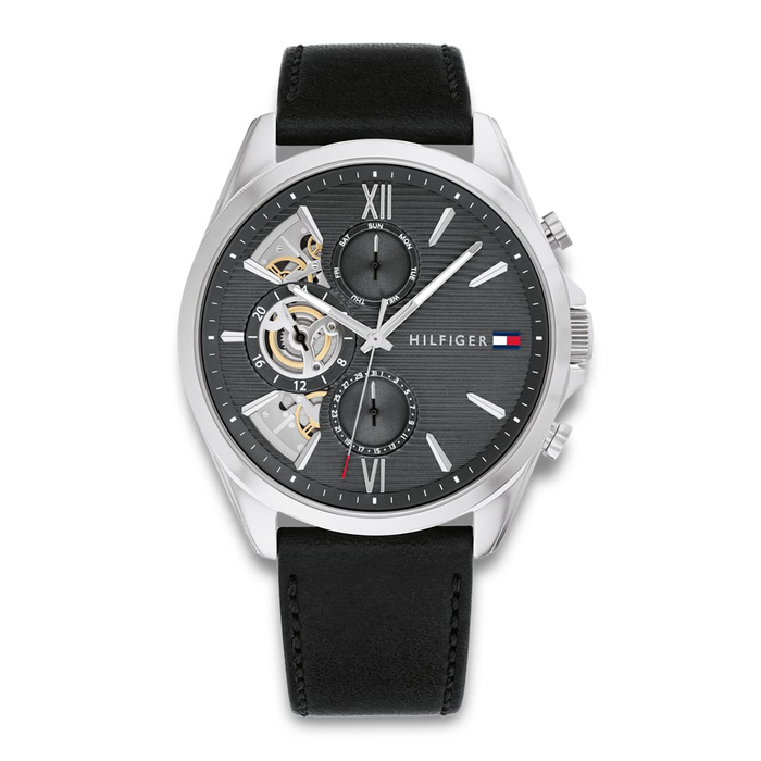 Tommy Hilfiger Baker 43 mm herreur med mørkegrå urskive og sort læderrem