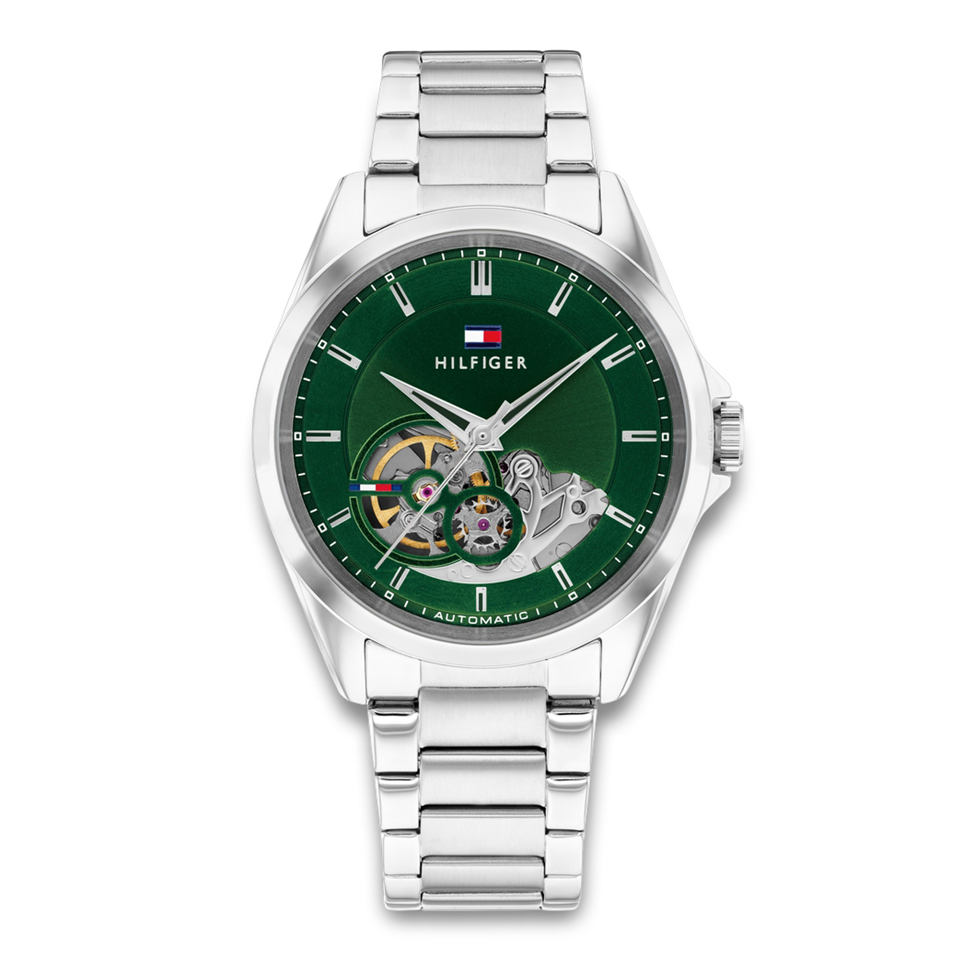 Tommy Hilfiger Baker Automatic 39 mm herreur med grøn urskive, automatisk urværk og stållænke