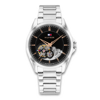 Tommy Hilfiger Baker Automatic 39 mm herreur med sort urskive, åbent urværk og stållænke
