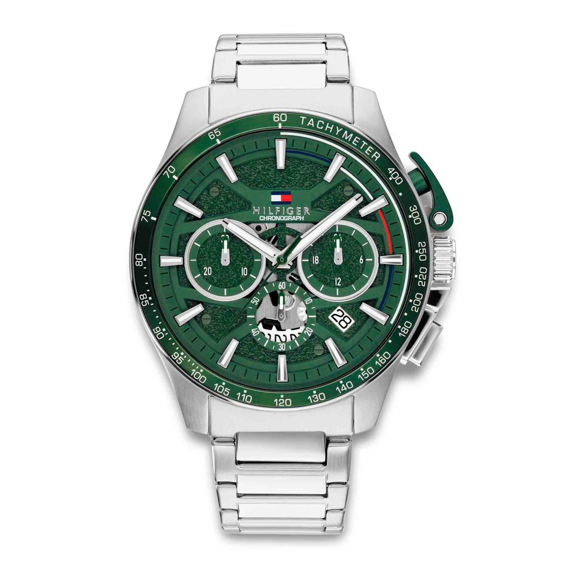 Tommy Hilfiger Bank 44 mm herreur med grøn urskive og stållænke set forfra