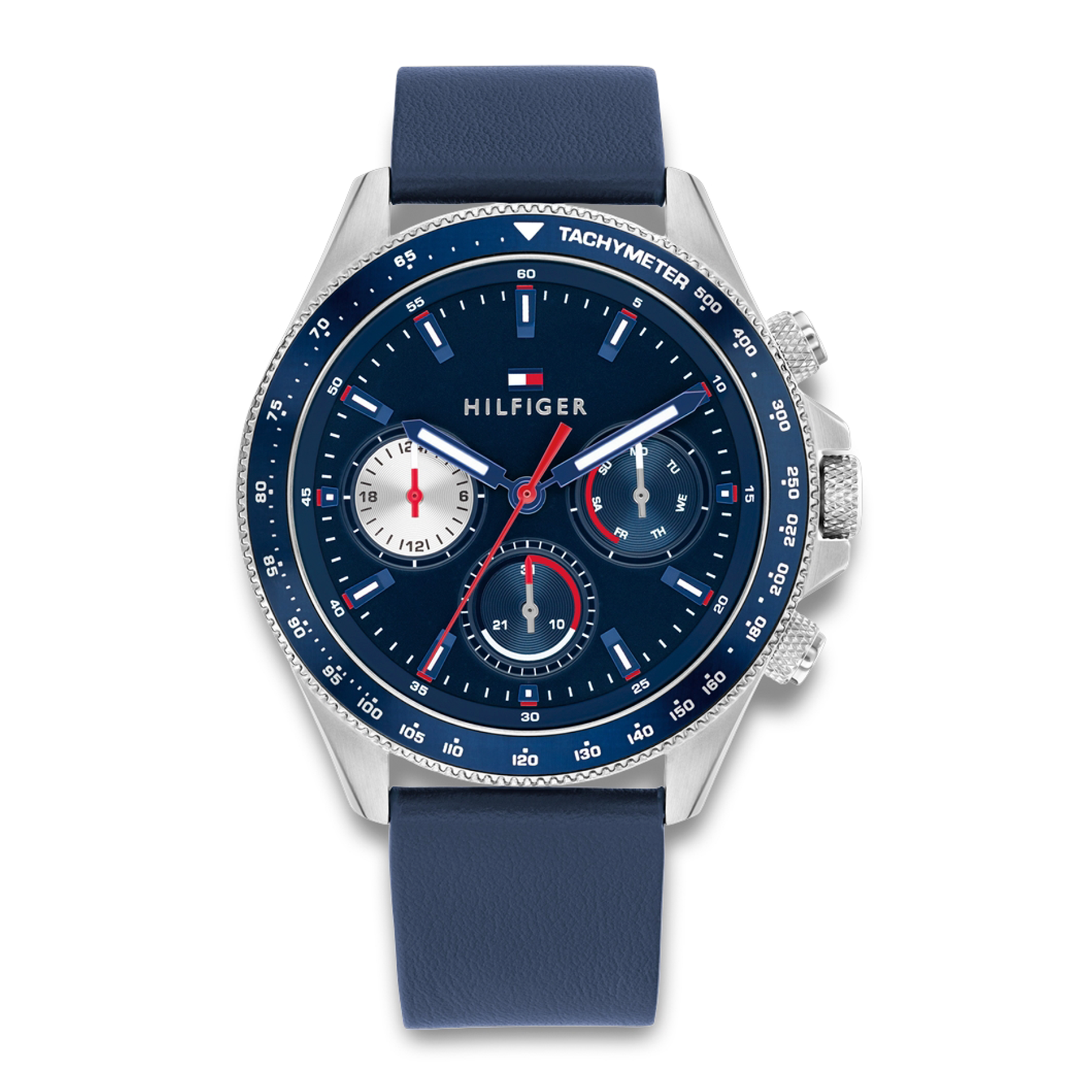 Tommy Hilfiger Clark 44 mm herreur med blå urskive og blå læderrem 1792209
