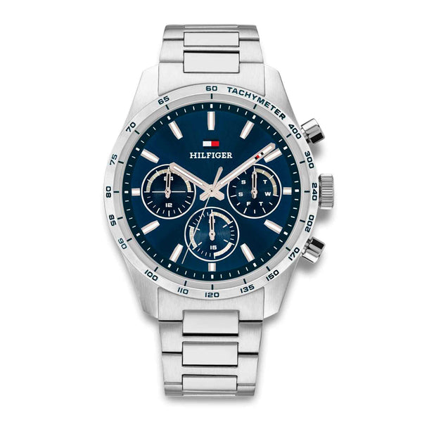 Tommy Hilfiger Hampton 1792278 herreur med blå urskive og sølvfarvet stållænke set forfra
