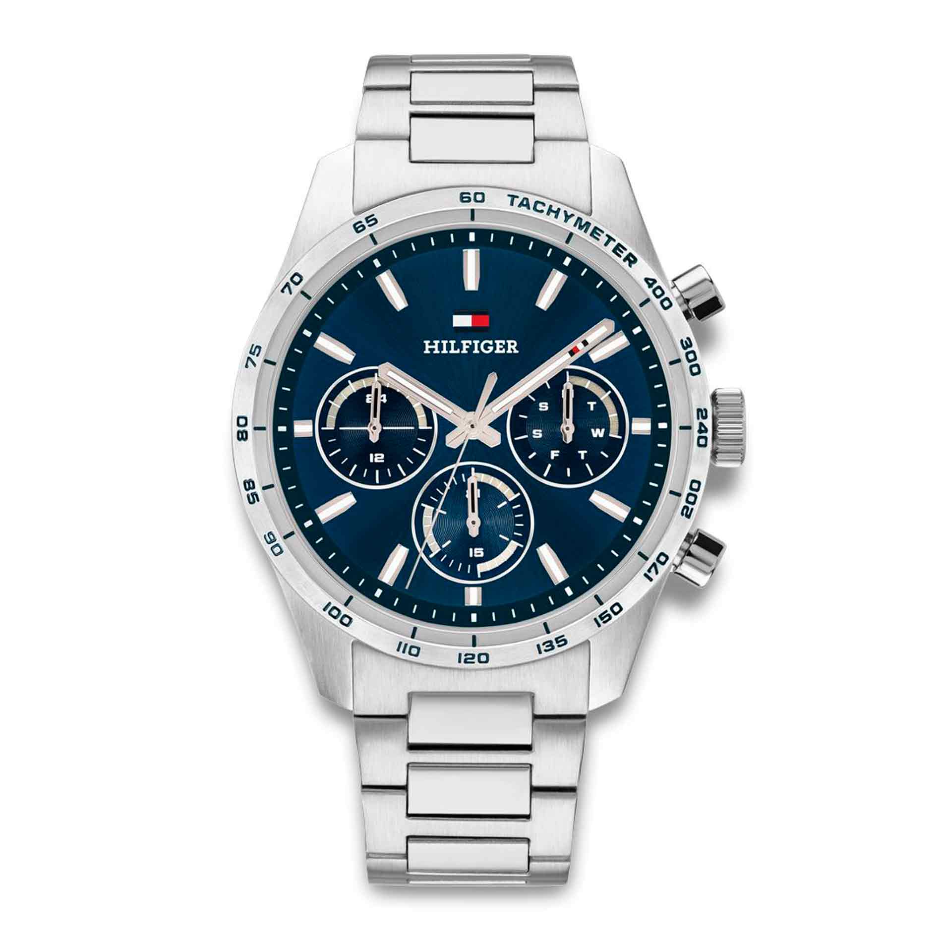 Tommy Hilfiger Hampton 1792278 herreur med blå urskive og sølvfarvet stållænke set forfra