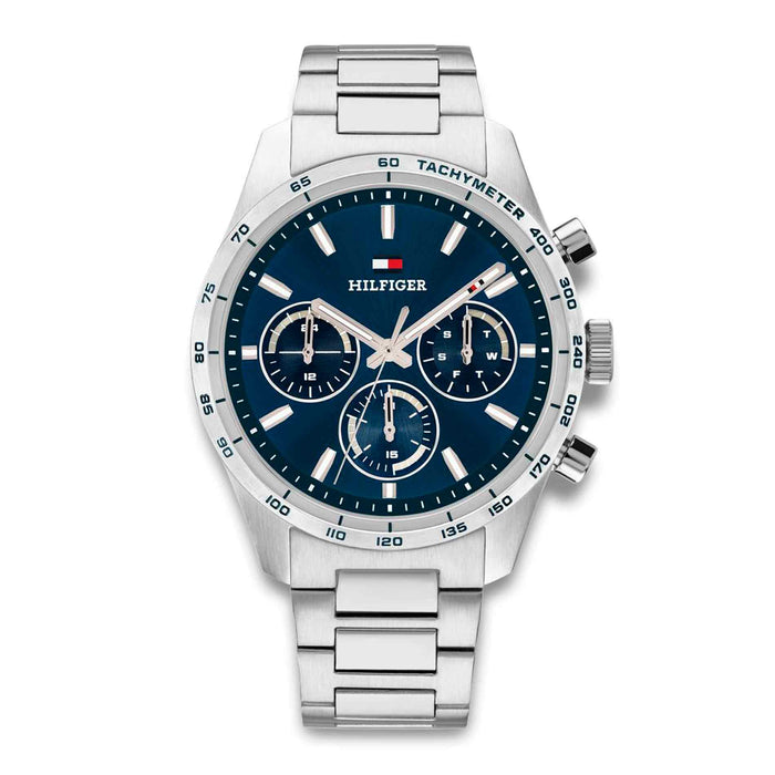 Tommy Hilfiger Hampton 1792278 herreur med blå urskive og sølvfarvet stållænke set forfra