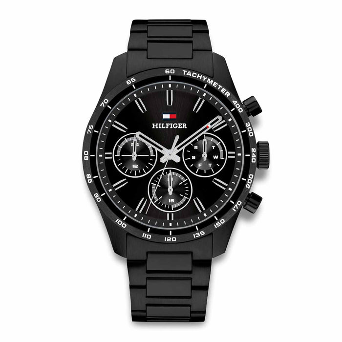 Tommy Hilfiger Hampton 1792280 sort herreur med 42 mm urkasse, kronograf og sort stållænke