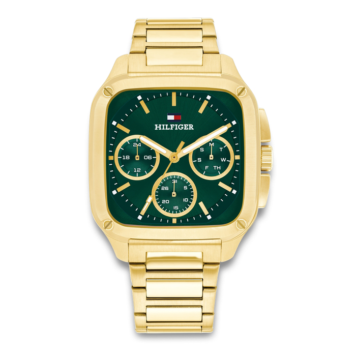 Tommy Hilfiger Herald herreur 39 mm med grøn urskive og guldfarvet stållænke 1792223