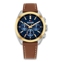 Tommy Hilfiger Hudson 40 mm herreur med blå urskive, guldfarvet lynette og brun læderrem