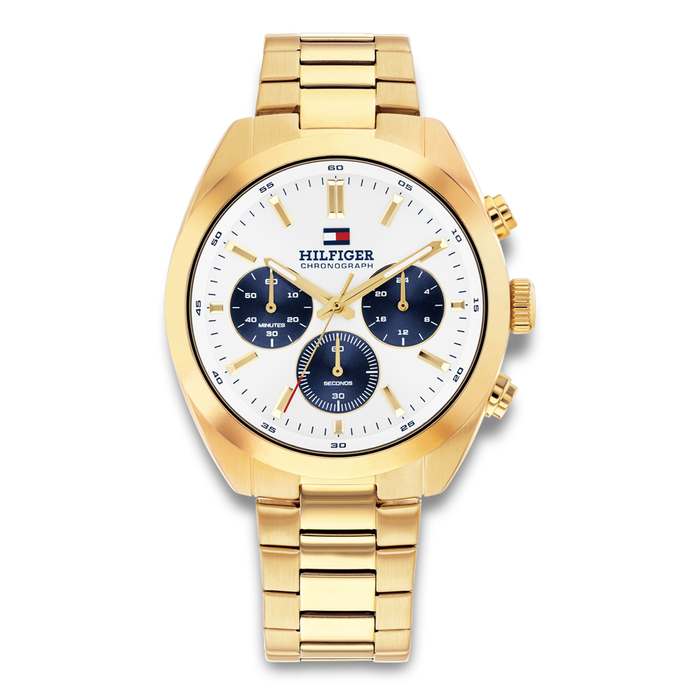 Tommy Hilfiger Hudson 40 mm herreur med hvid urskive og guldfarvet stållænke 1710723