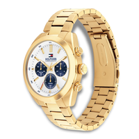 Tommy Hilfiger Hudson 40 mm herreur set fra vinkel med guldfarvet stållænke 1710723