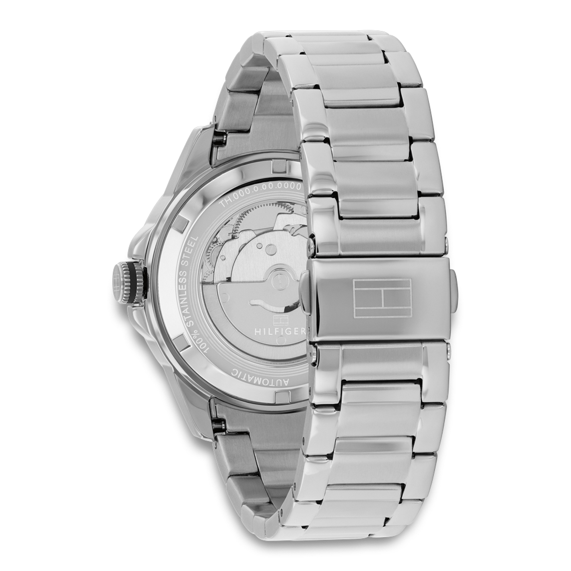 Bagside af Tommy Hilfiger Lars Automatic 1710692 med transparent bagkasse og automatisk urværk