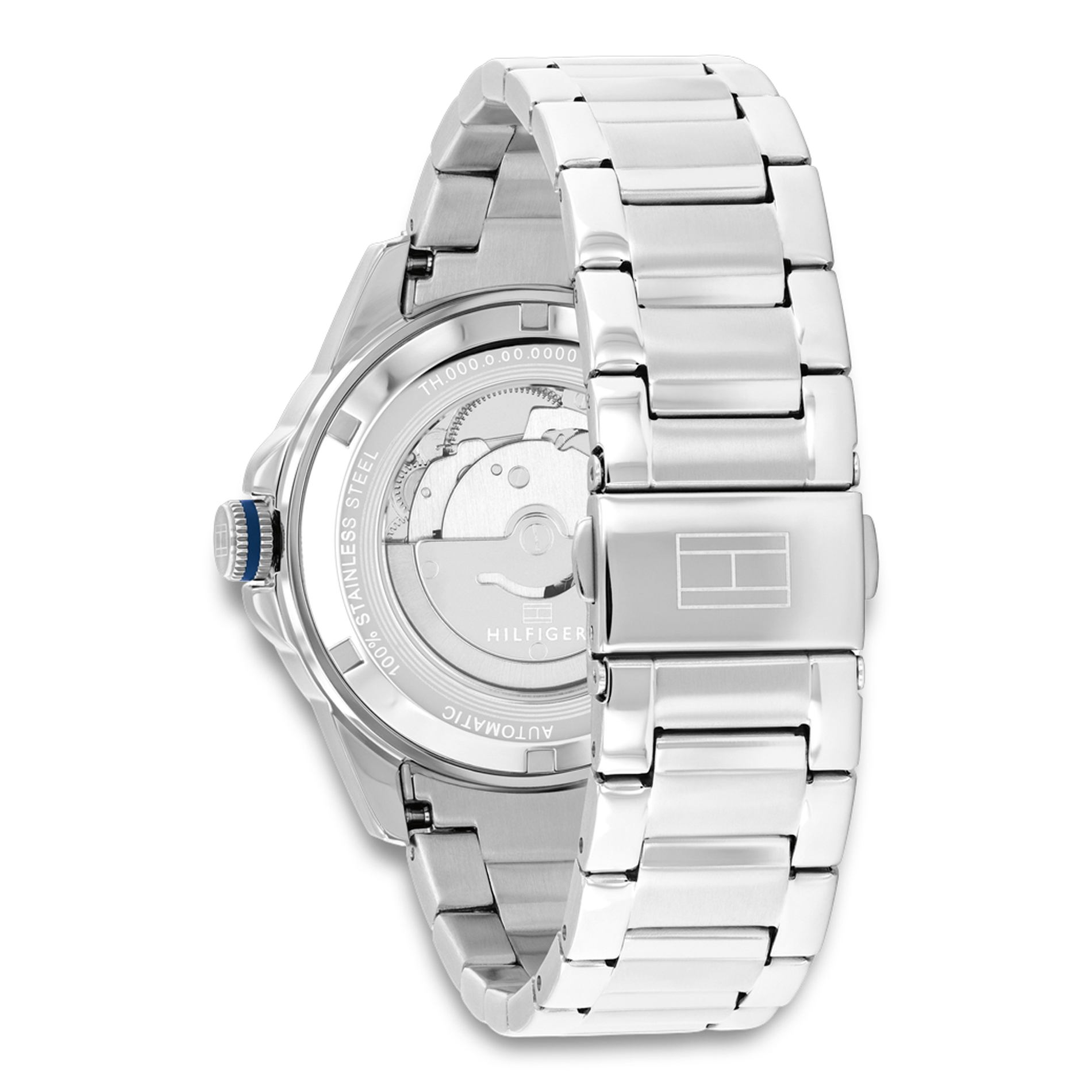 Bagside af Tommy Hilfiger Lars Automatic 1710693 med transparent bagkasse og automatisk urværk