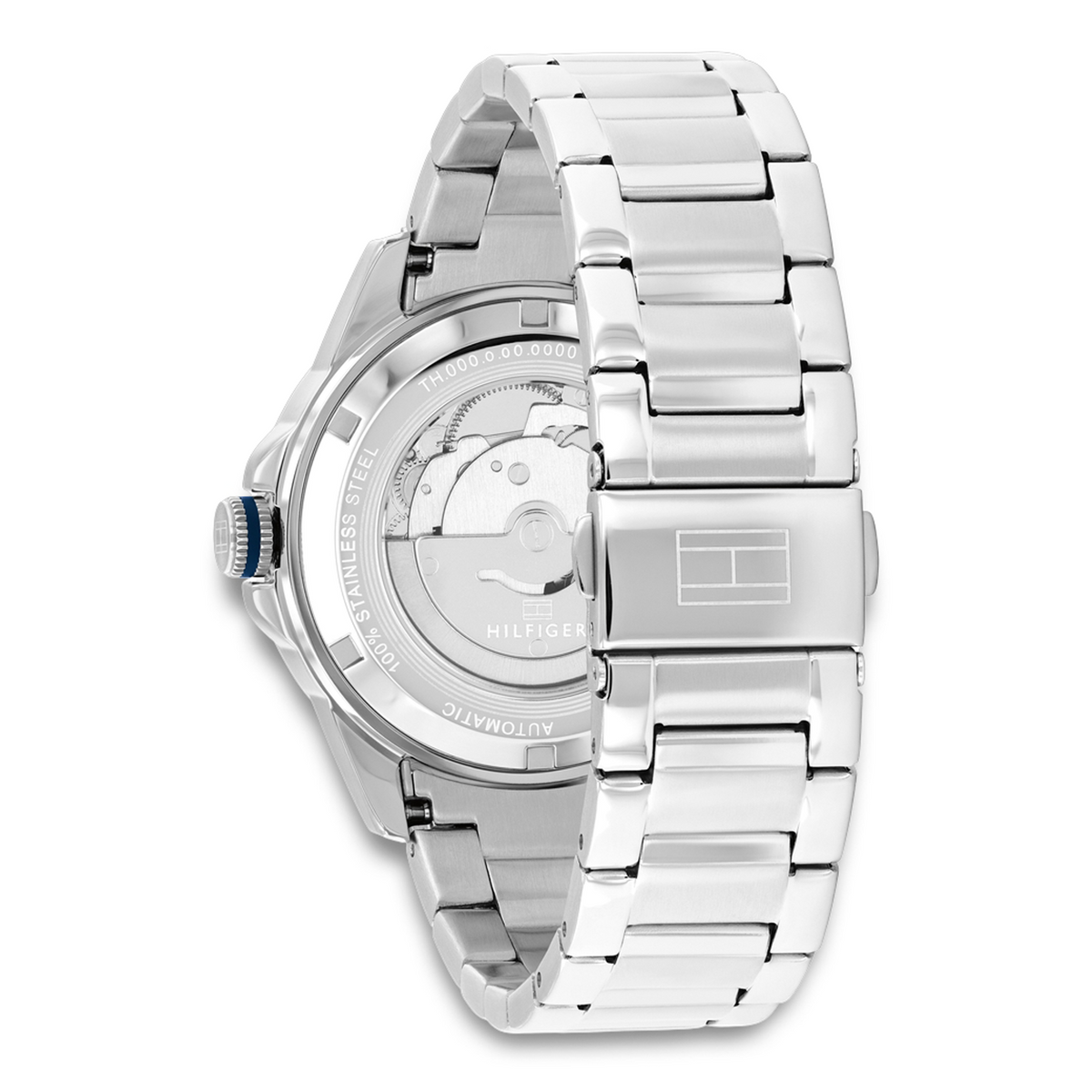 Bagside af Tommy Hilfiger Lars Automatic 1710695 med transparent bagkasse og automatisk urværk