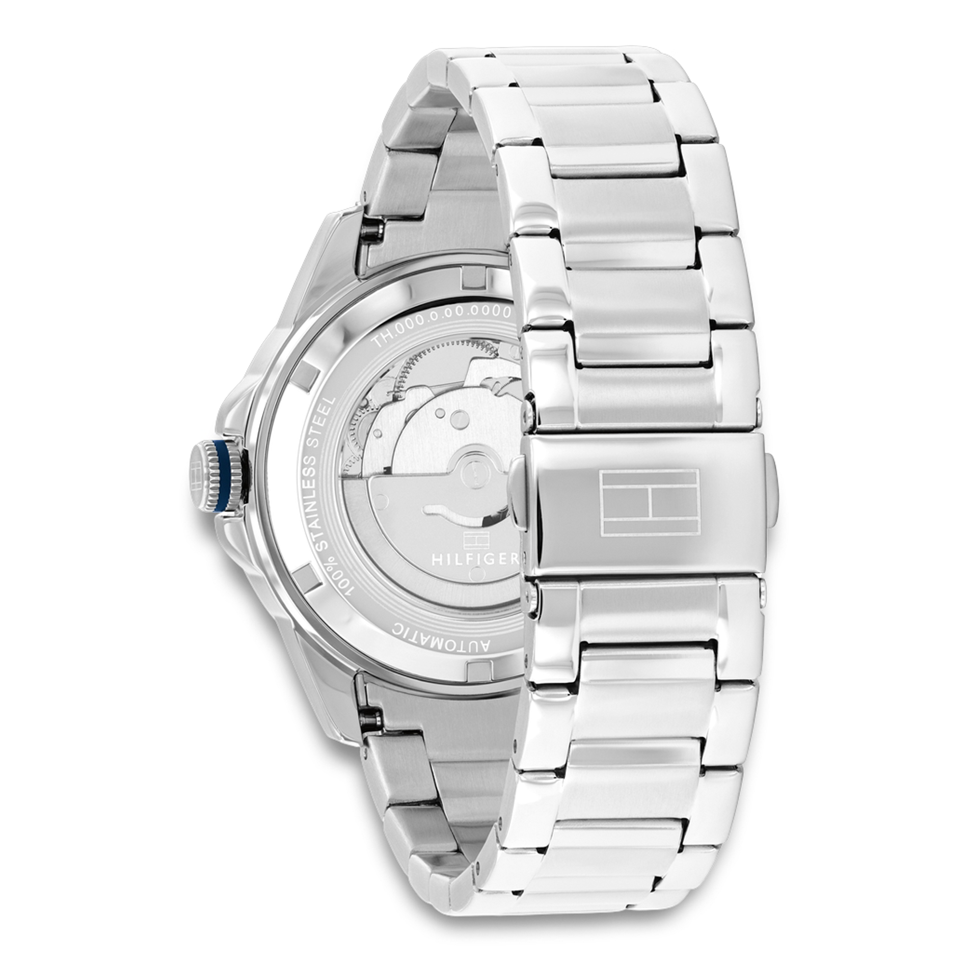Bagside af Tommy Hilfiger Lars Automatic 1710695 med transparent bagkasse og automatisk urværk