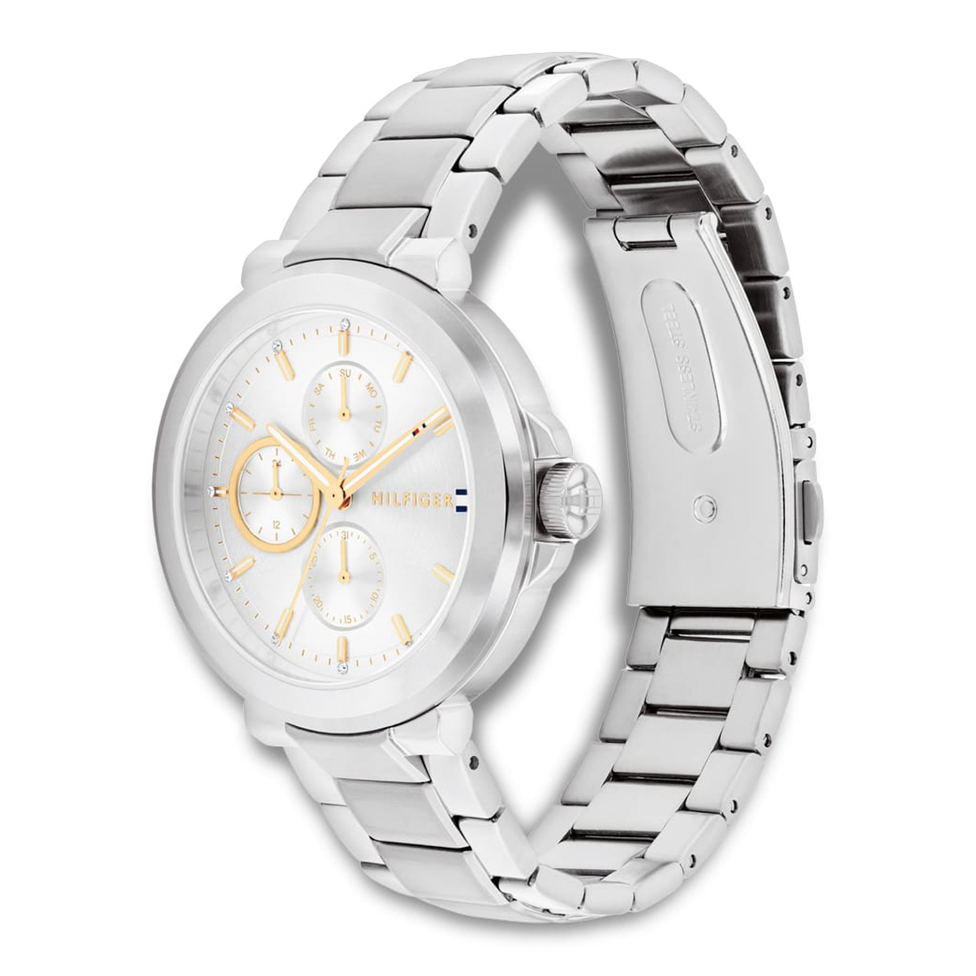 Tommy Hilfiger Lori 38 mm dameur i sølvfarvet stål set fra vinkel med multifunktionel urskive 1782753