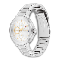 Tommy Hilfiger Lori 38 mm dameur i sølvfarvet stål set fra vinkel med multifunktionel urskive 1782753
