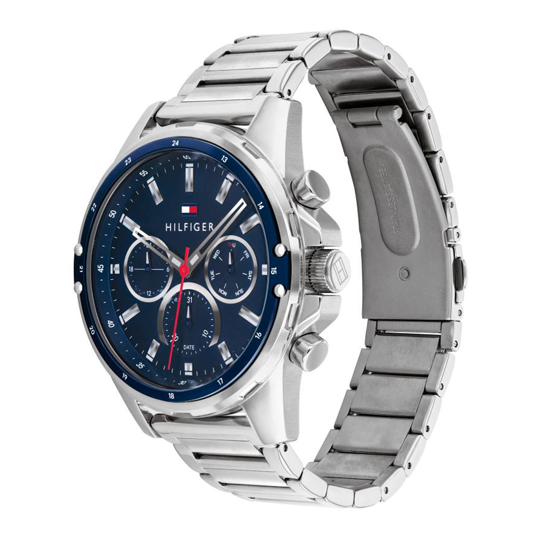 Tommy Hilfiger Mason 45 mm herreur 1791788 set fra vinkel med blå urskive