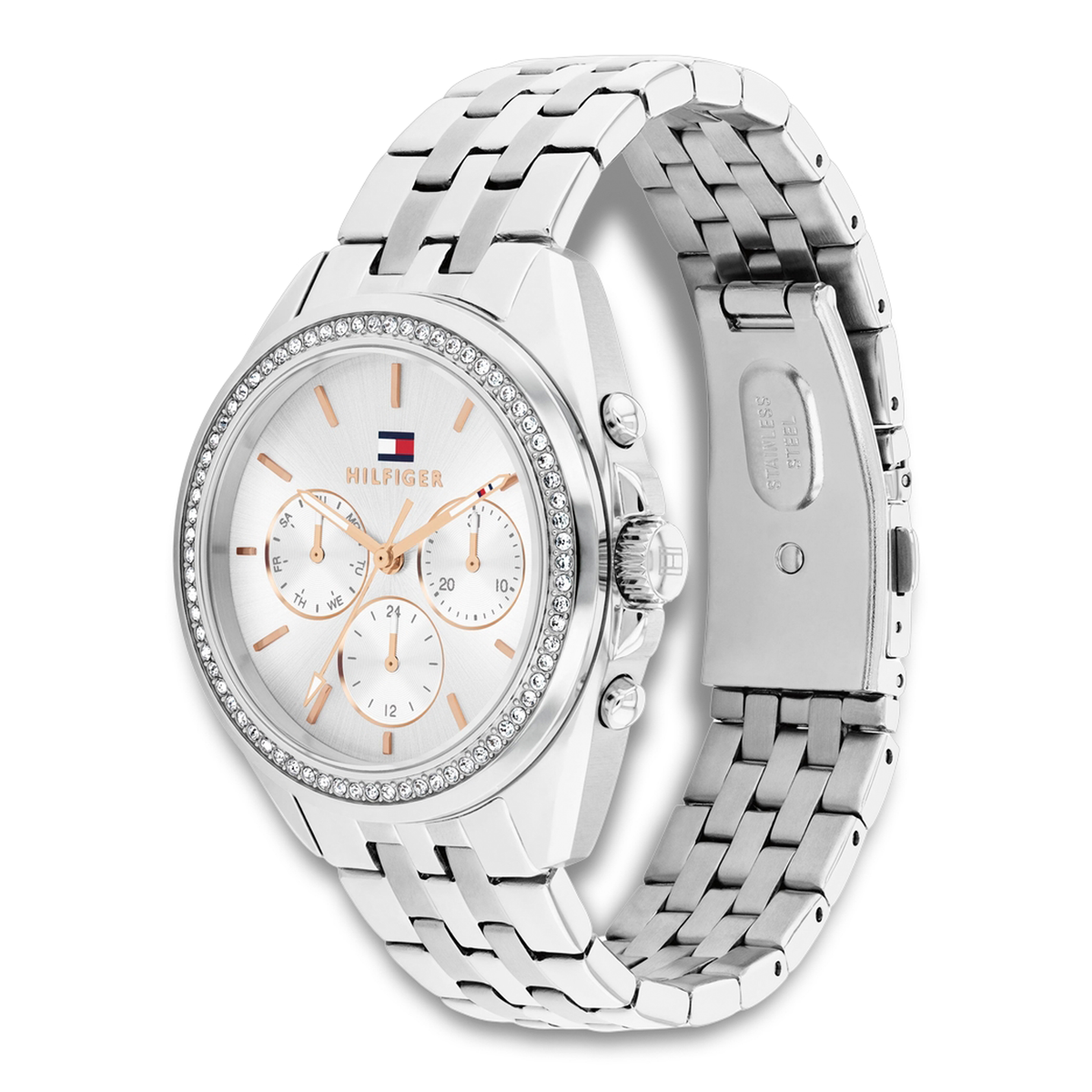 Tommy Hilfiger Mellie 36 mm dameur 1782802 med sølvfarvet lænke set fra vinkel