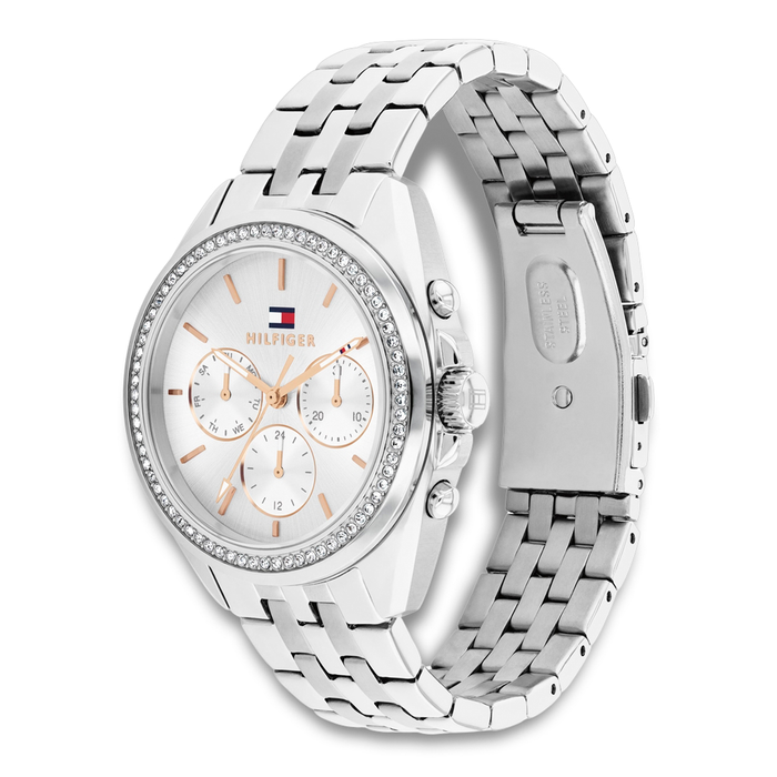 Tommy Hilfiger Mellie 36 mm dameur 1782802 med sølvfarvet lænke set fra vinkel