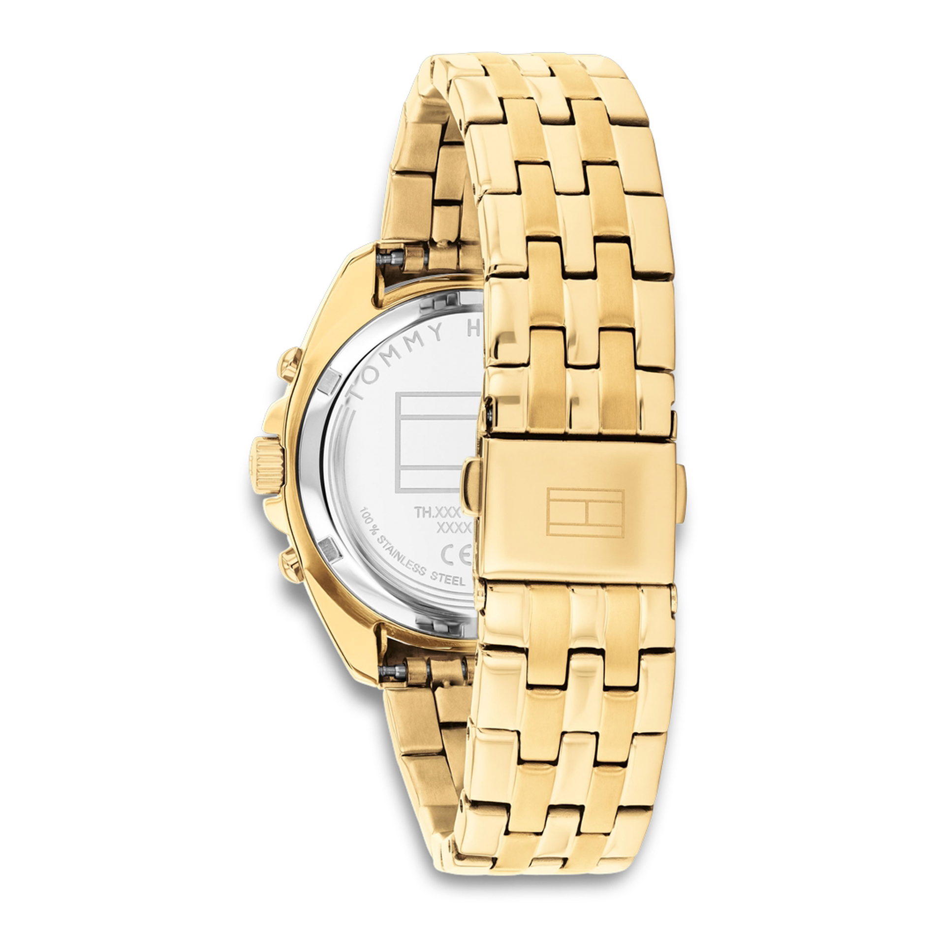 Bagside af Tommy Hilfiger Mellie 36 mm dameur 1782803 med guldfarvet stållænke