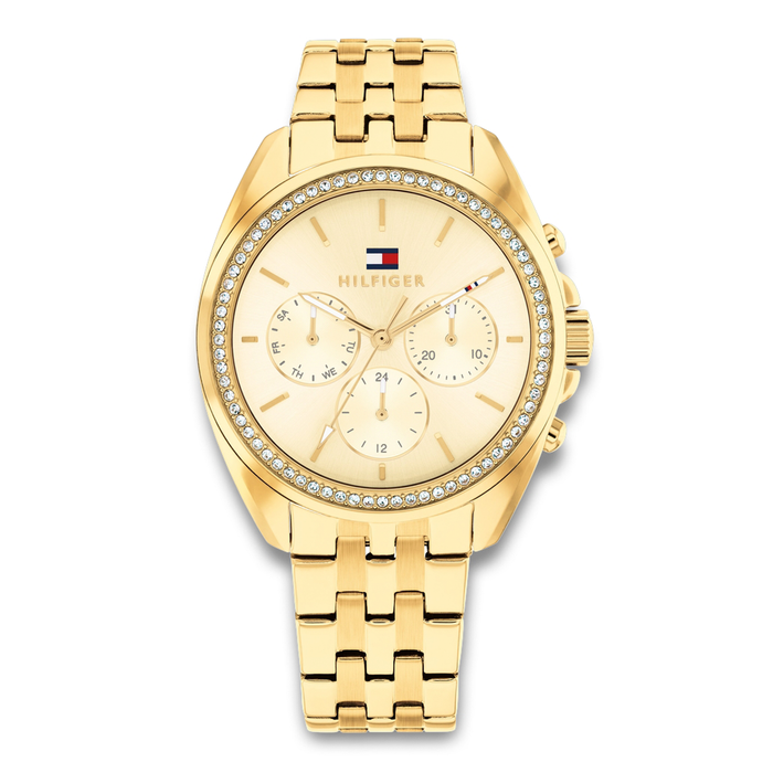Tommy Hilfiger Mellie 36 mm dameur 1782803 med guldfarvet urskive og stenbesat krans