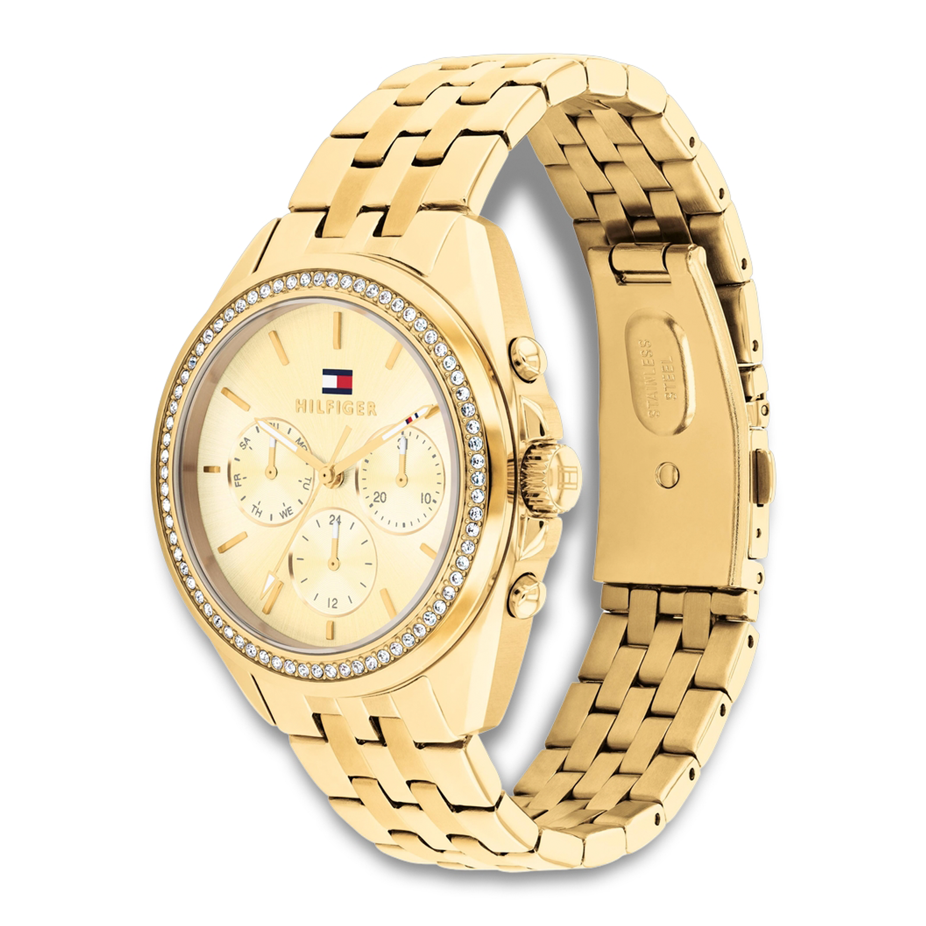 Tommy Hilfiger Mellie 36 mm dameur 1782803 i guldfarvet stål set fra vinkel