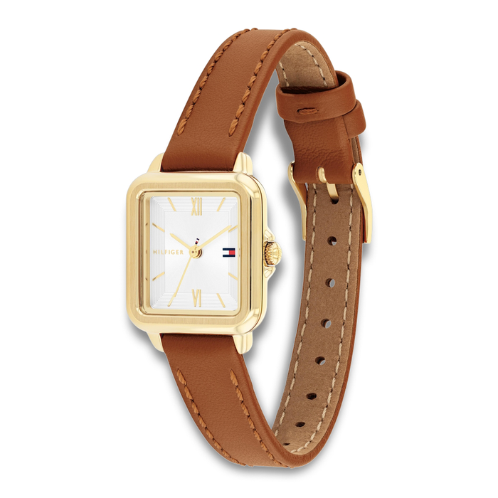 Tommy Hilfiger Mia 22 mm dameur 1782859 set fra vinkel med guldfarvet urkasse