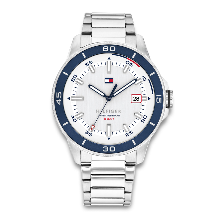 Tommy Hilfiger Remy herreur 43 mm med hvid urskive og blå lynette 1792227
