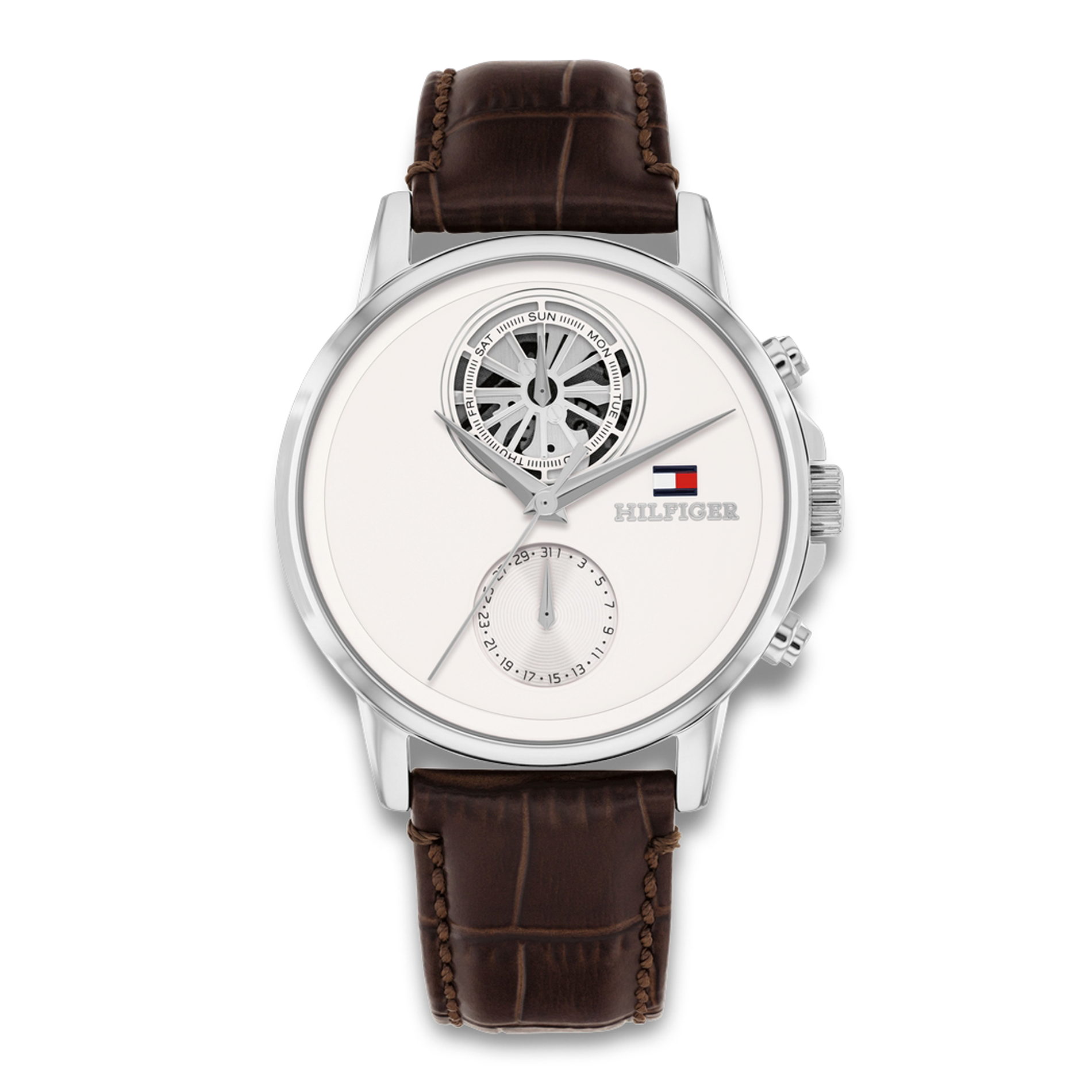 Tommy Hilfiger Stewart 40 mm herreur med lys urskive og brun læderrem 1710746