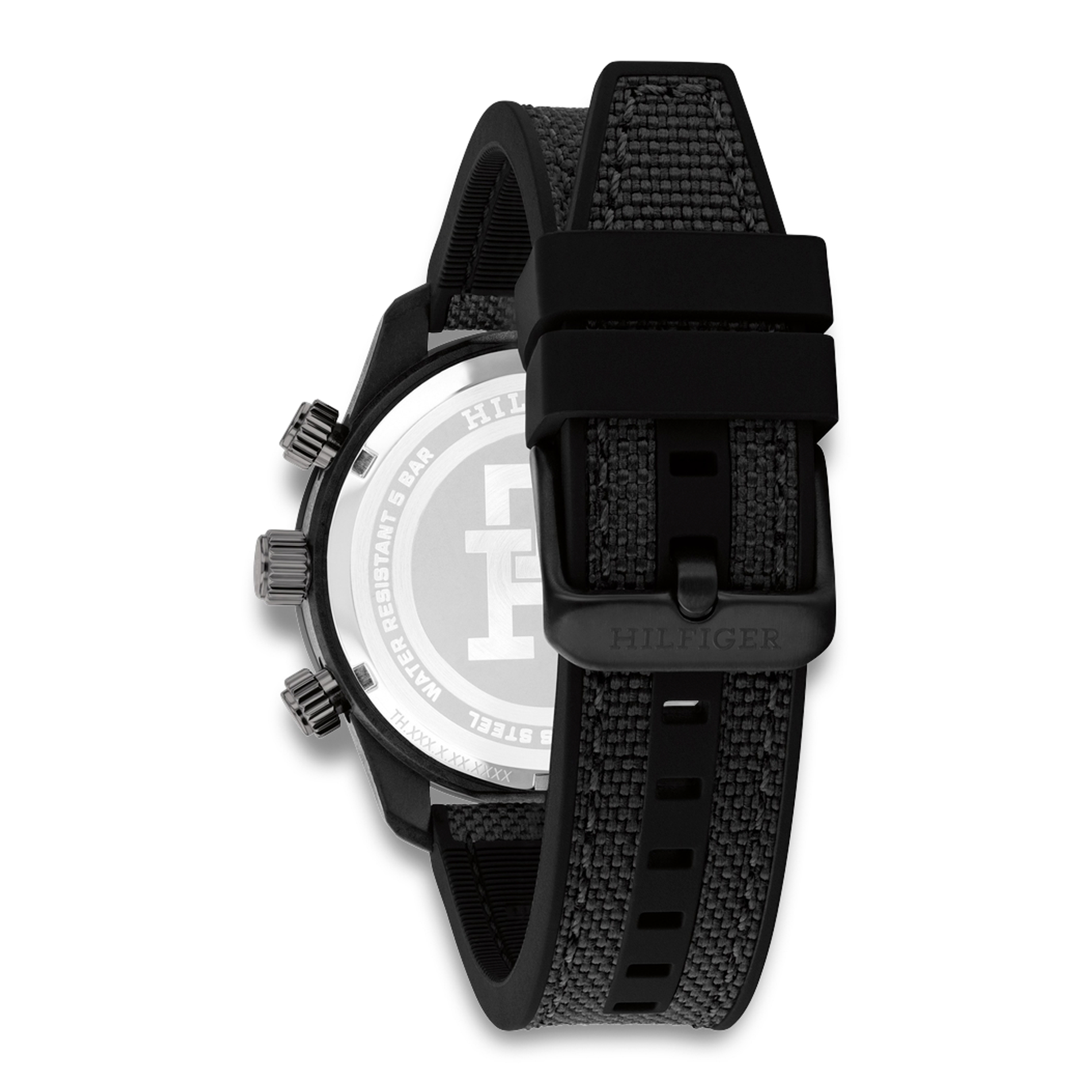 Bagside af Tommy Hilfiger TH85 Carbon herreur med sort nylonrem 1792182