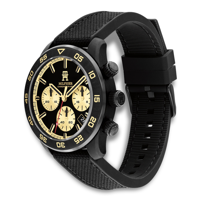 Tommy Hilfiger TH85 Carbon herreur med sort urskive og sort carbonurkasse set fra siden 1792182