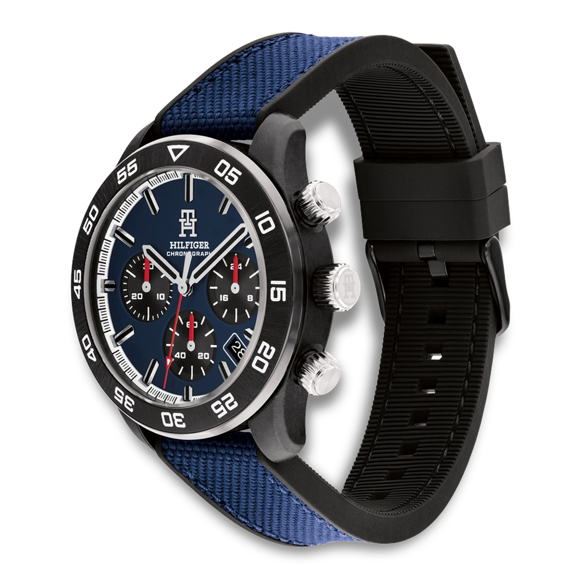 Tommy Hilfiger TH85 Carbon herreur med blå urskive og sort urkasse set fra siden 1792183