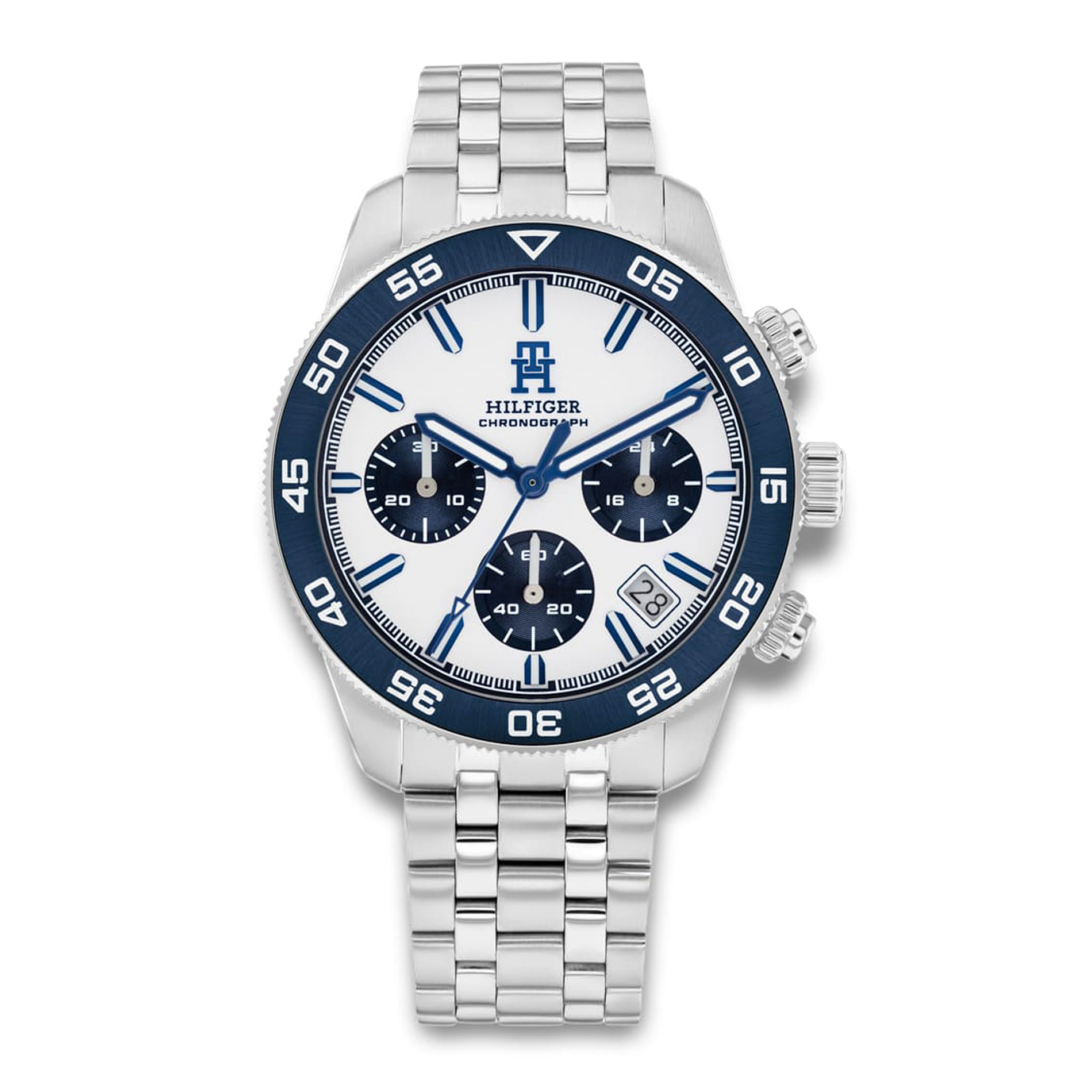 Tommy Hilfiger TH85 Chrono 41 mm herreur med hvid urskive og blå detaljer 1792157