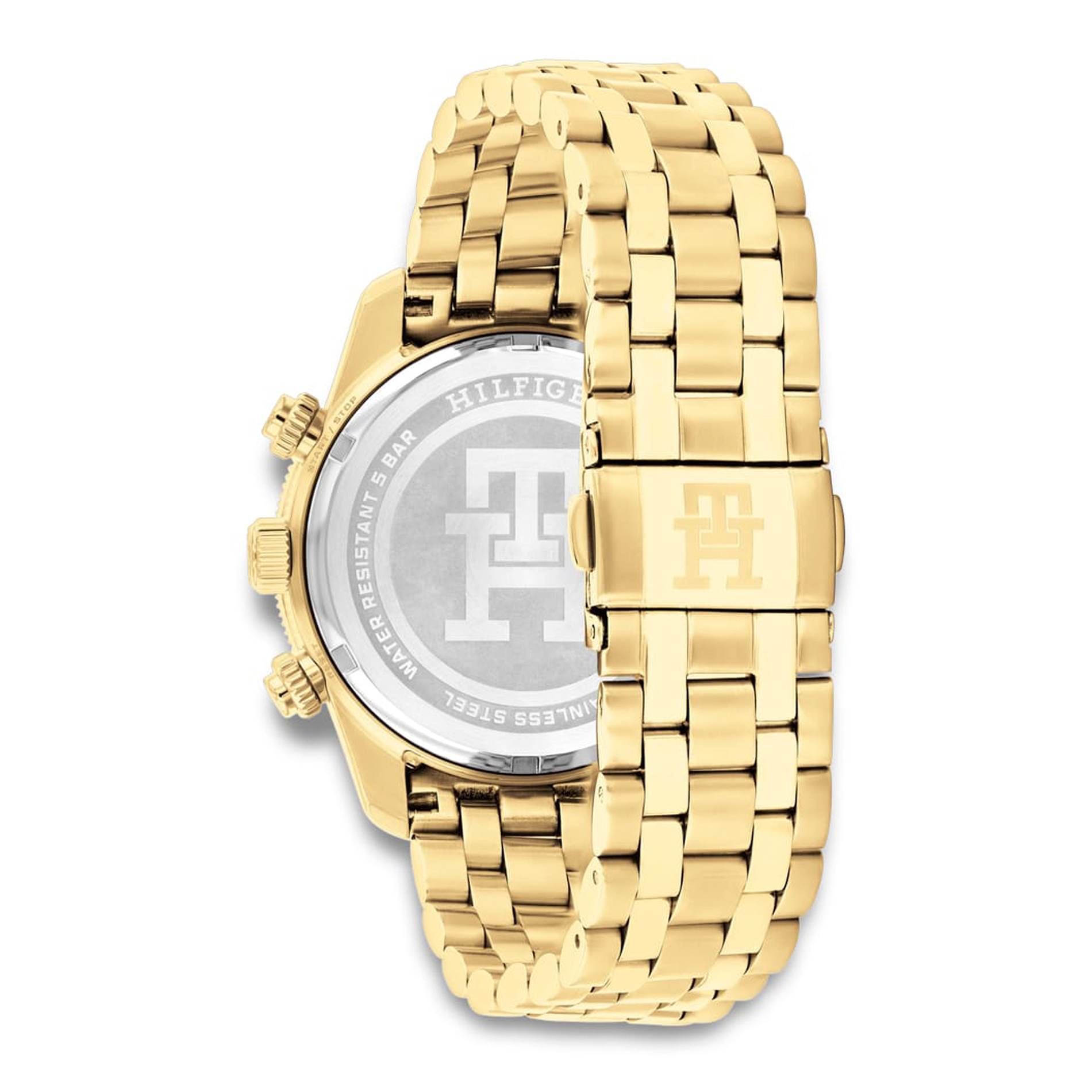 Bagside af Tommy Hilfiger TH85 Chrono herreur med guldfarvet stållænke 1792158
