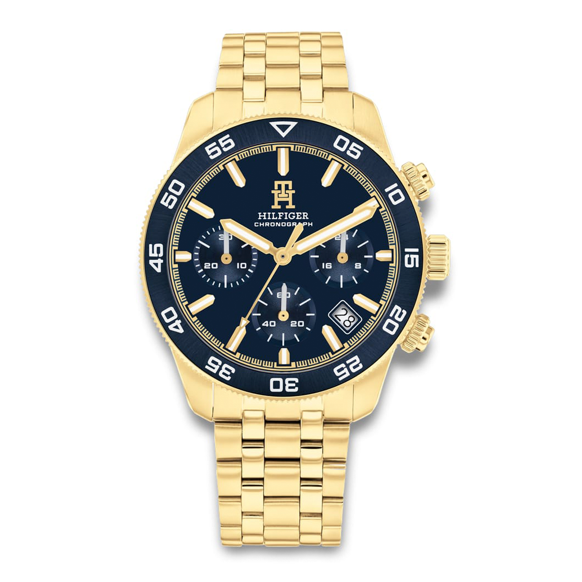 Tommy Hilfiger TH85 Chrono 41 mm herreur med blå urskive og guldfarvet stållænke 1792158