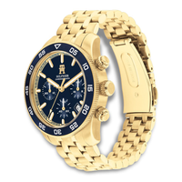 Tommy Hilfiger TH85 Chrono 41 mm herreur med blå urskive og guldfarvet urkasse set fra siden 1792158