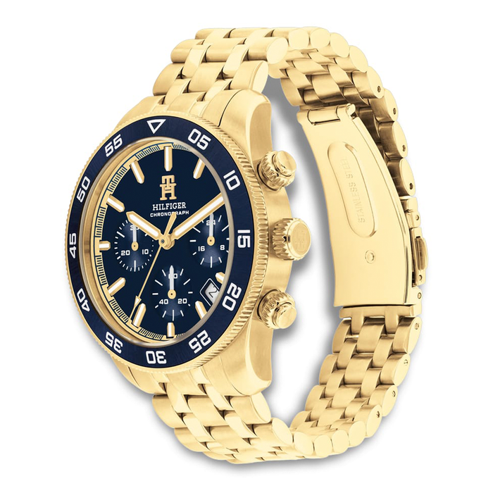Tommy Hilfiger TH85 Chrono 41 mm herreur med blå urskive og guldfarvet urkasse set fra siden 1792158
