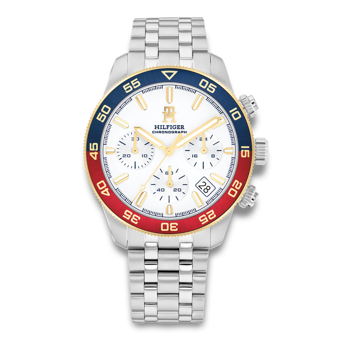 Tommy Hilfiger TH85 Chrono 41 mm herreur med hvid urskive og stållænke 1792184